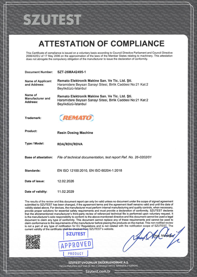 REMATO Resin Dosing Machine SZUTEST Attestation of Compliance